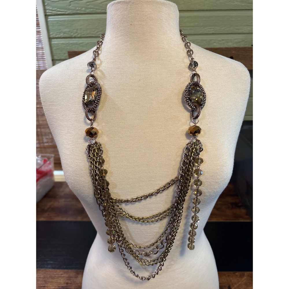 Copper Tone Multi Strand Statement Necklace Faceted‎ Gold Crystals Bib